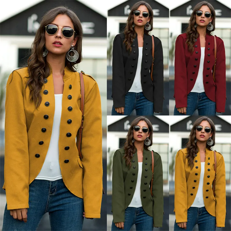 

Women's Casual Stand Collar Slim Jackets Button Long Sleeve Double Breasted Coats with Pockets Female Short Outwear Tops