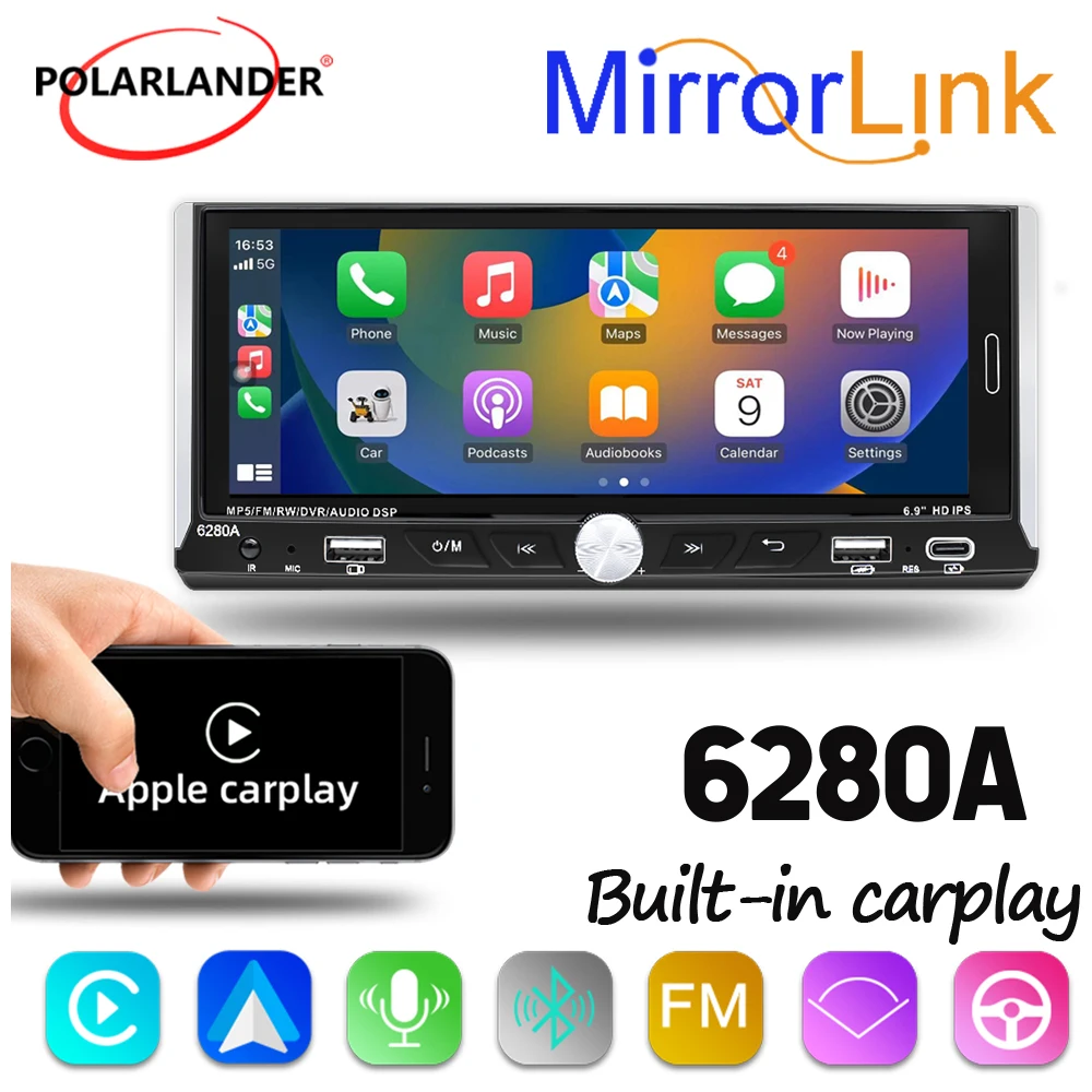 Wireless Carplay 2+64G 2.5D IPS 6.9 inch 1 Din Car Radio Touch Screen 6280A Bluetooth Car MP5 Player Android 13.0
