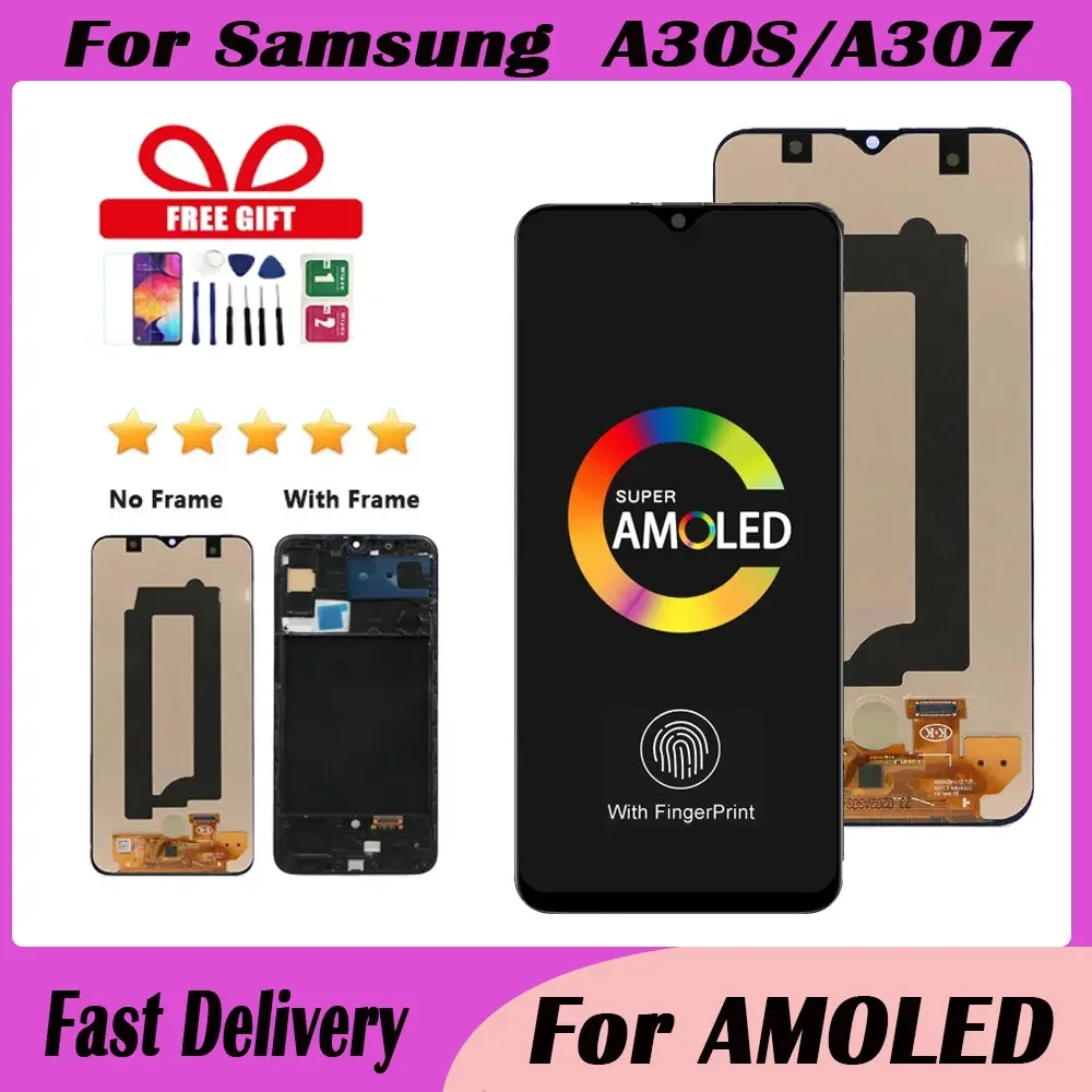 1 шт. 6,4 дюйма для AMOLED для Samsung A30S SM-A307FN/DS A307, ЖК-дисплей, сенсорный экран, дигитайзер с рамкой для Samsung A30s LCD
