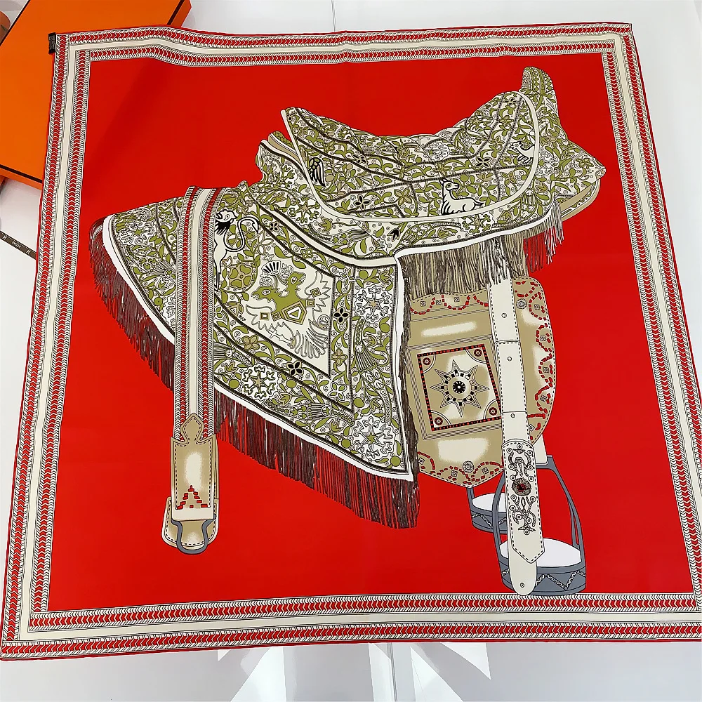 Manual Hand Rolled Twill Silk Scarf Women Saddle Design Square Scarves Echarpes Foulards Femme Wrap Bandana Hijab 90CM 3