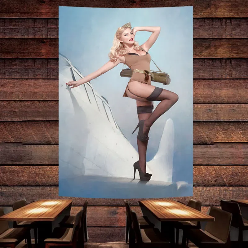 

Beautiful woman carrying anti-tank weapon Poster Banner Sexy Pin Up Art Flag Wall Painting Bar Pub Man Cave Wall Decor Sticker