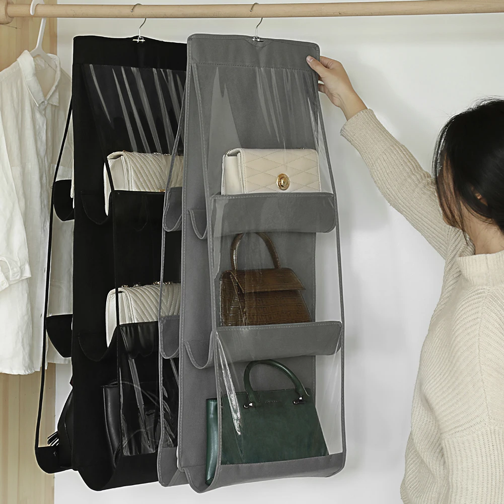 

Black/Grey Handbag Hanging Organizer With 6 Pockets Foldable Cloth Handbag Storage Bag For Family Closet Bedroom