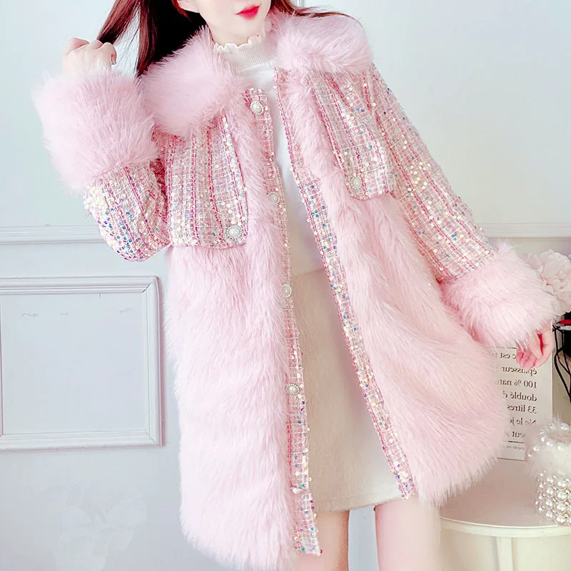 2023 Winter Sweet Slim Waist Young Lady Faux Fox Fur Coat Fuzzy Fur Collar Patchwork Woolen Jackets For Female Elegant Outwear