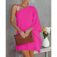 Summer Commuter Women's S-2XL size Dress One Line Diagonal Neck Off Shoulder Solid Color and PrintedMetal Strap Bat Sleeve