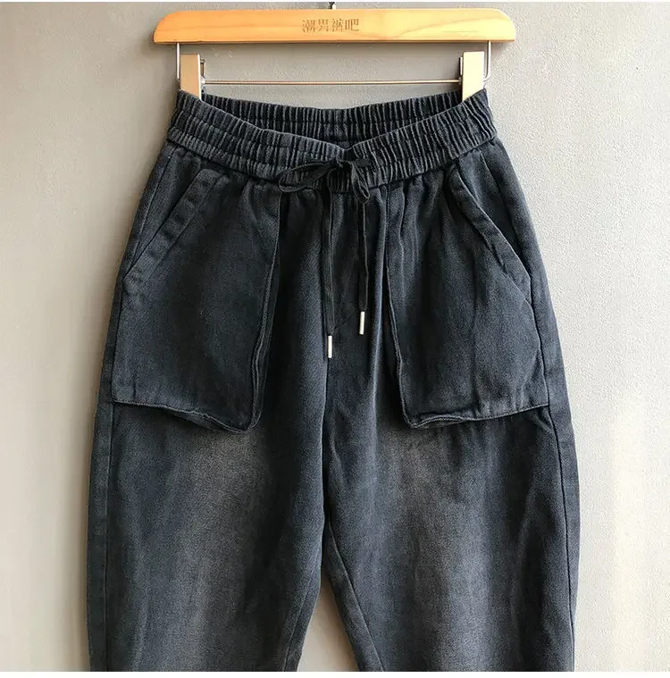 Description Picture 3 of itemIdopy Men`s Hip Hop Harem Pants Drawstring Elastic Waist Denim Tapered Joggers Jogging Pants For Male