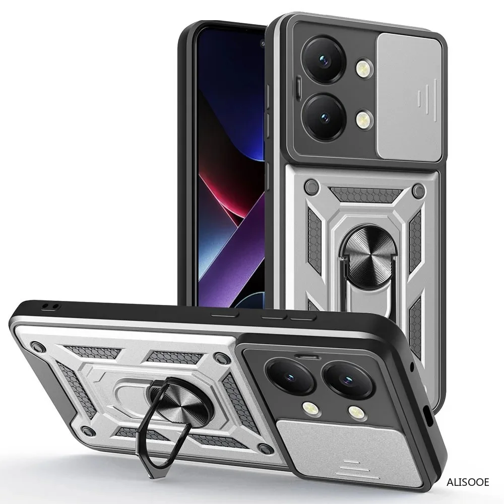 Armor Slide Camera Lens Protection Back Cover with Ring Stand - Shockproof Case