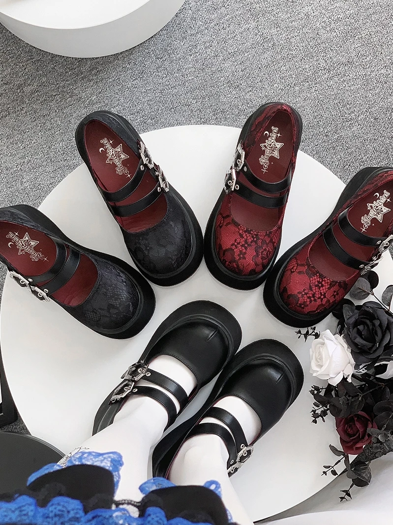 Retro Round Head Punk Shallow Mouth Platform Shoes Sub-Culture Muffin Bottom Height Increasing Women Lace Shoes High Heels