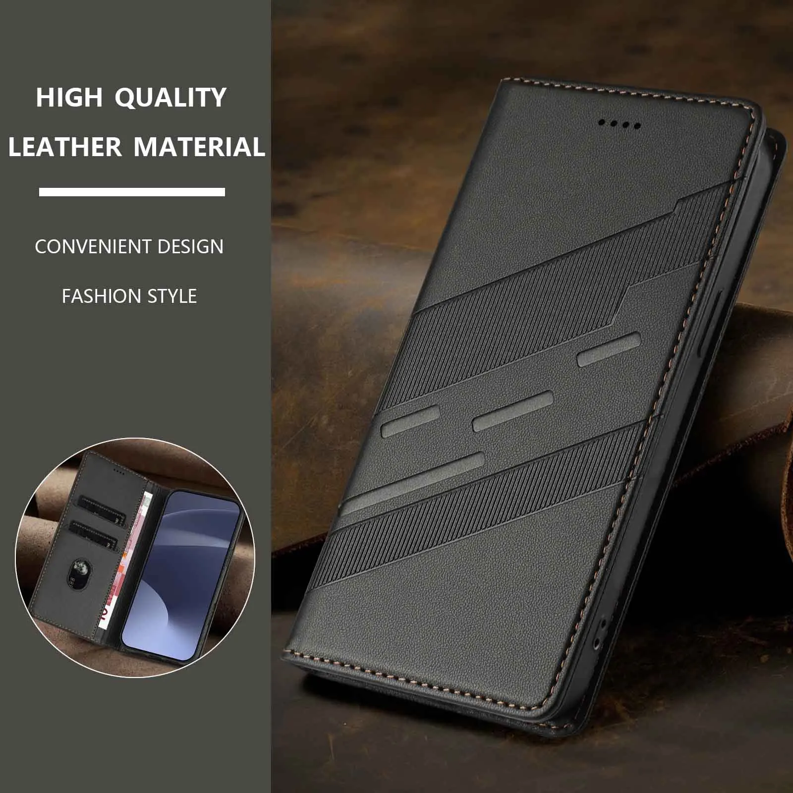 Magnetic Closure Plain Leather Wallet Flip Phone Case with Card Slots