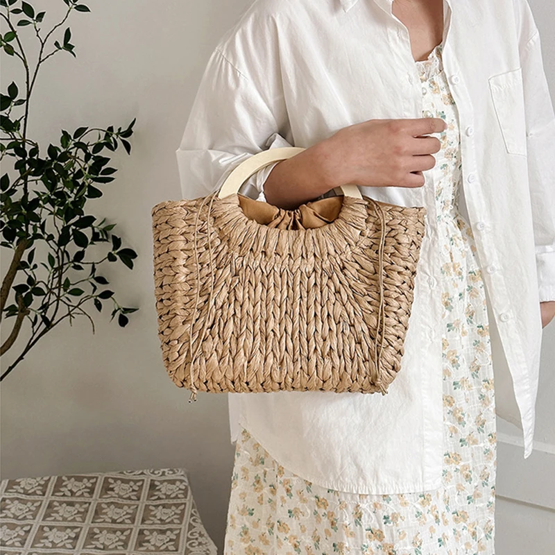 Wooden Handle Basket Bag Paper Woven Women Handbags Handmade Summer Beach Bag Casual Holiday Purses