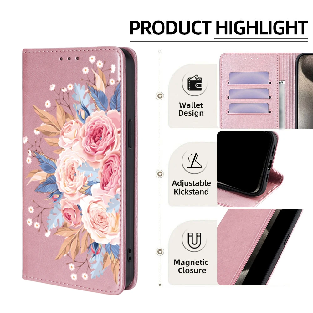 Floral Magnetic Leather Flip Wallet Case with Card Slots and Holster