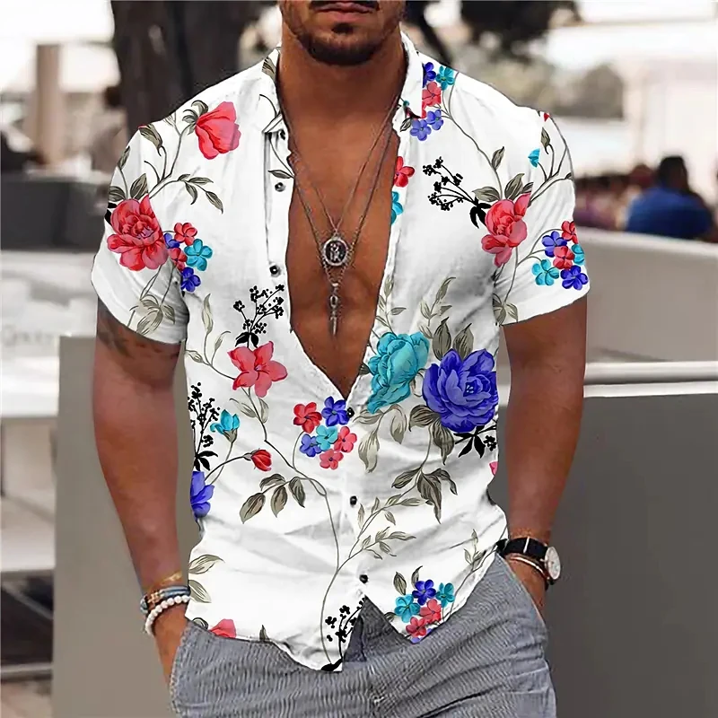 

Mens Hawaiian Shirt Short Sleeve Streetwear Luxury Shirt for Men Fashion Print Tops 3D Floral Beach V-Neck Loose Unisex Clothing