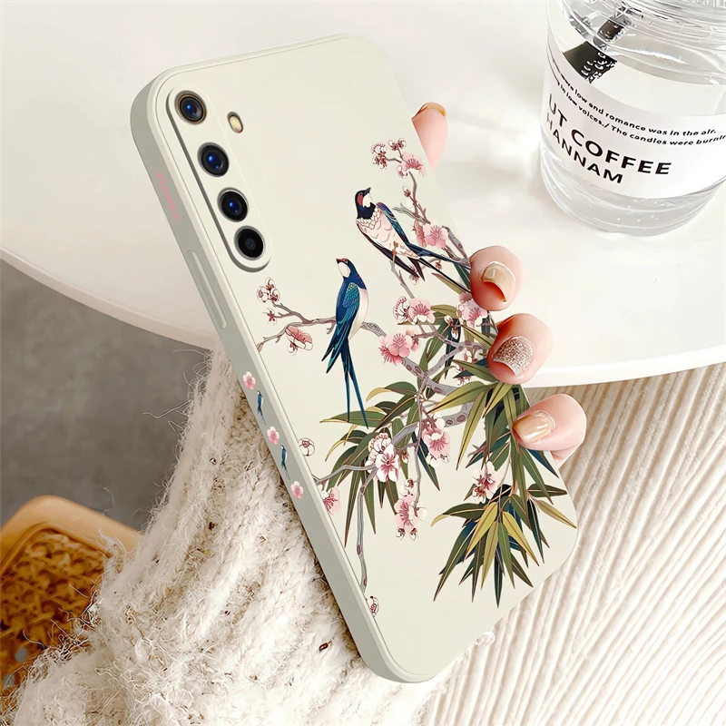 Silicone Soft Phone Case with Birds and Flowers Pattern - Shockproof Bumper Back Cover