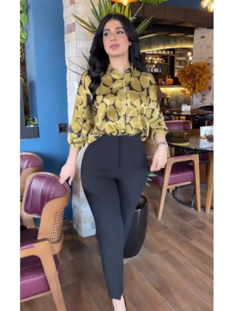 Casual Long Sleeve Shirt Pants Set Office Lady Spring Autumn Elegant Print Blouse Solid Trousers Two Piece Set Women Outfit 2023