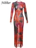 Nibber Colorful Print Dress Women Velvet See Through Skinny Full Sleeve Lace Hem Autumn Trend Stretch Casual Basic Long Bodycon 6