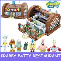 Spongebob Cartoon Krusty Krab Restaurant Building Blocks Creative Canteen Scenes Model Bricks Desktop Ornaments Toy For Kid Gift 1