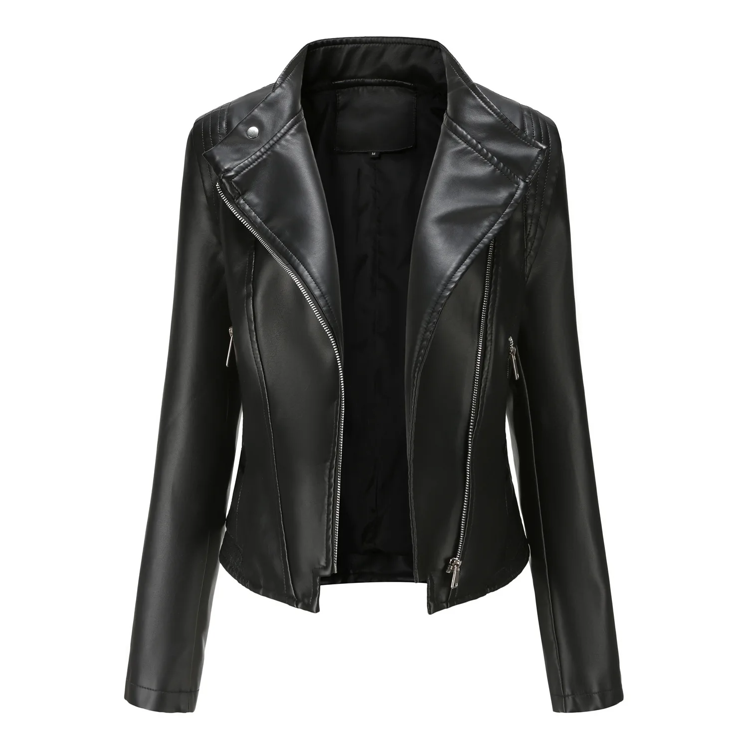 Slim Fit PU Leather Jacket for Women, Thin Long Sleeved Jacket, Short Coat, Spring and Autumn, Motorcycle Zipper Leather Jacket