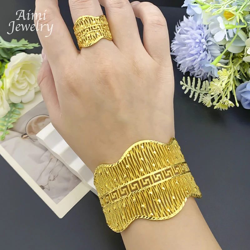 Manschetten-Armreif-Schmuck, hohl, 18 Karat vergoldet, Schmuckset für Frauen, Luxus-Muster, Armband, Ring, afrikanische Braut-Hochzeitsgeschenke – Detail 2