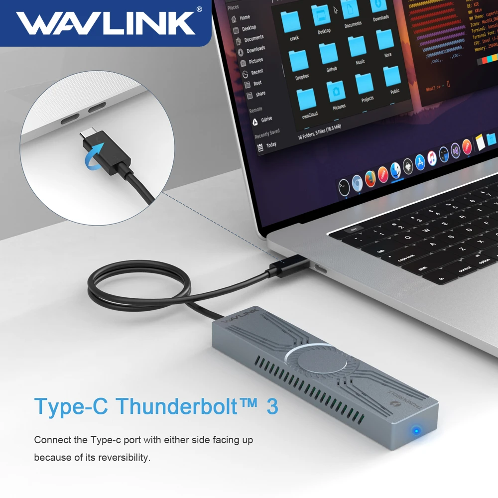 Wavlink M.2 Enclosure for PCIe NVMe SSD Thunderbolt 3 40Gbps Type-C to M Key/B+M Key 2280 Aluminum External Hard Drive Case