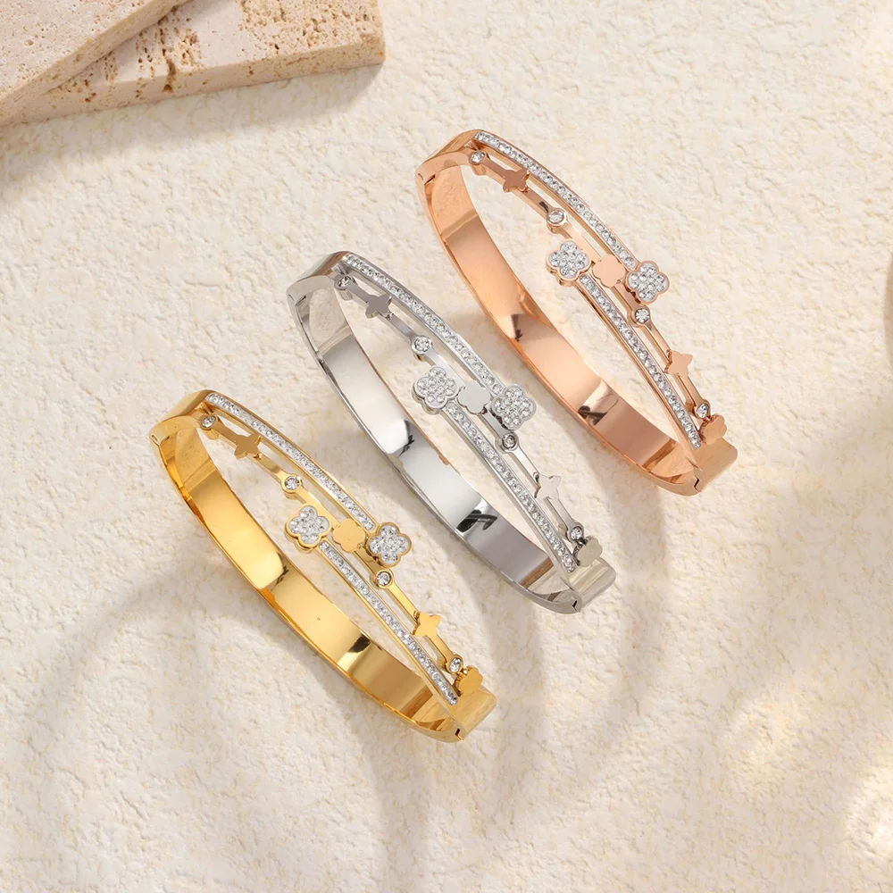 

Stainless Steel Gold Color Bracelet for Women Simple Style Link Chain Flower Bangle Exquisite Trendy Zircon Jewelry Wholesale