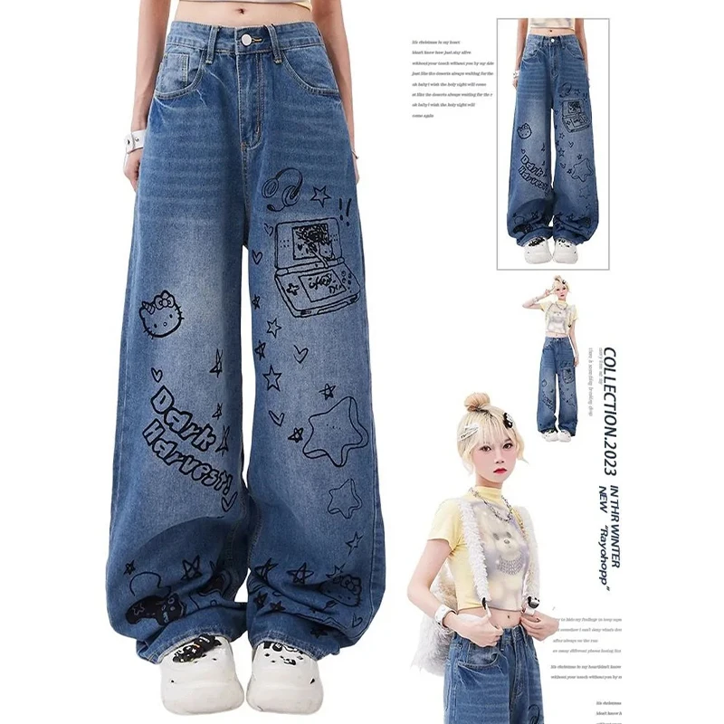 

Hello Kitty Y2K Jeans Sanrios Anime Kawaii American Style Vintage Women Pants Spring Autumn High Waist Trend Loose Mopping Pants