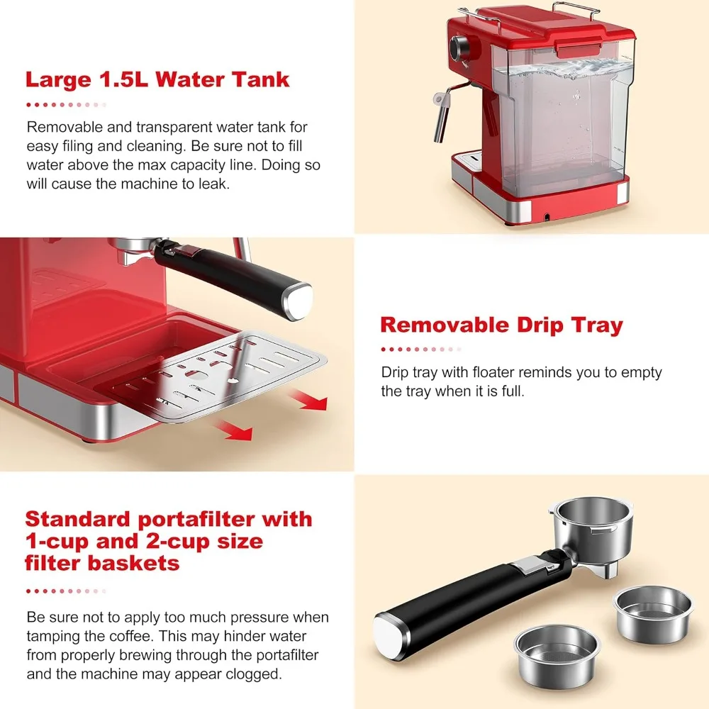 Retro Espresso Machine with Milk Frother, 15 Bar Pump Professional Cappuccino and Latte Machine, 1.5L Removable 6
