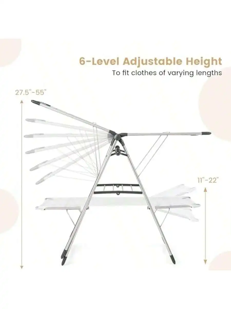 Clothes Drying Rack Stainless Steel Foldable Laundry Drying Rack with with 6-Level Adjustable Height High Hanger Design 3