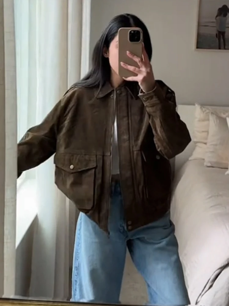 Spring High Street Women's Brown Coat with Big Pockets and Zipper