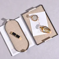 Woven Leather Storage Tray Metal Organizer Tray Rectangle Cosmetic Desktop Debris Finishing Home Key Storage Family Organizer 1