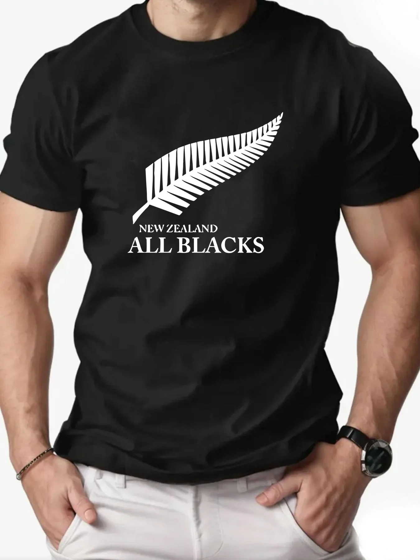 Men'S 100% Cotton T-Shirt with New Zealand All Blacks Feather Design, Casual Crew Neck, Regular Fit, Slight Stretch, Knit Fabric