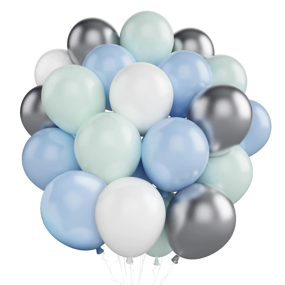 

60pcs 12 Inches Pastel Baby Blue Macaron Green Metallic Silver for Boy Baby Shower Birthday Party Decoration