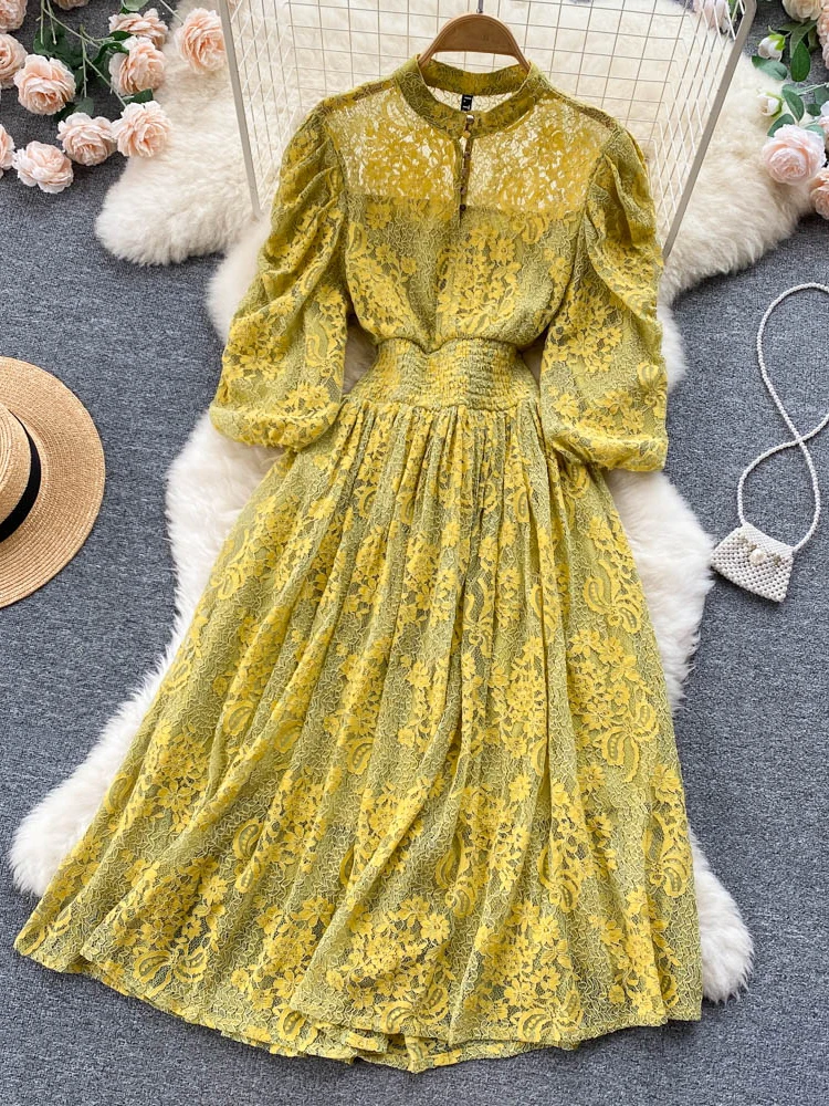 

Autumn Vintage Lace Party Dress Women Elegant O-neck Lantern Sleeve High Waist A-Line Vestidos Red/White/Yellow Robe New