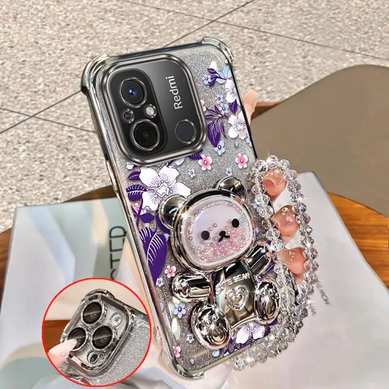 Elegant Purple Floral Plating Phone Case with Stand and Lanyard Attachment