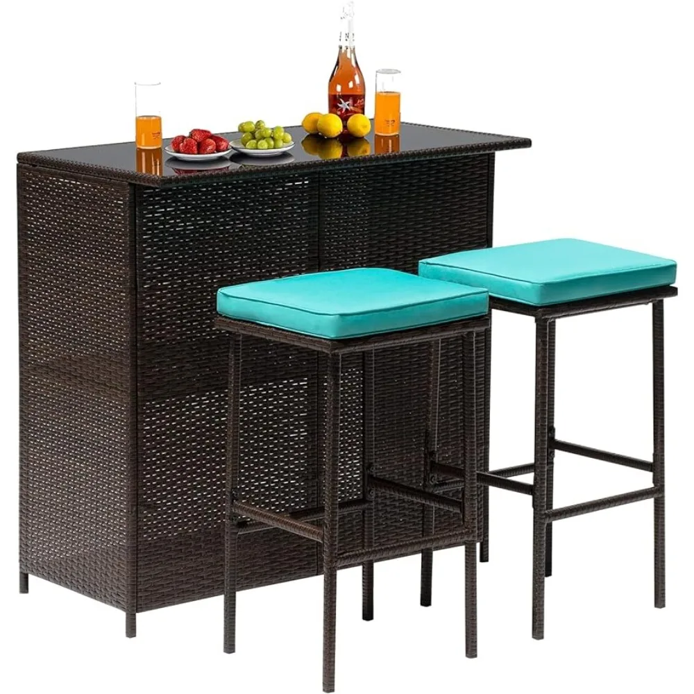 

FDW 3PCS Patio Bar Set Outdoor Furniture Set Wicker Bistro Set with Two Stools for Patio Backyard Balcony,Blue Cushion