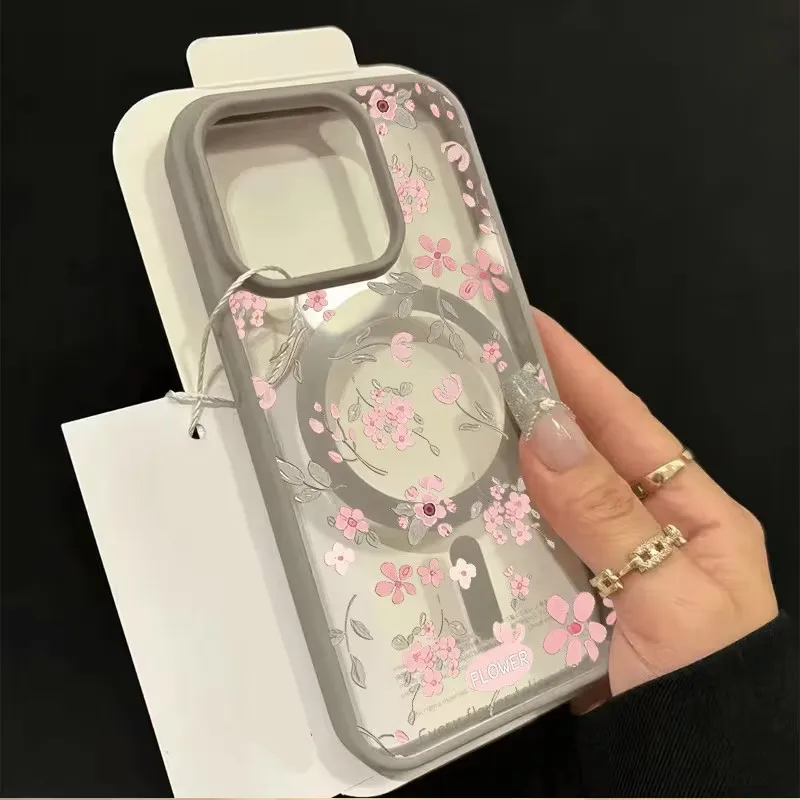 Elegant Pink Flower Magnetic Wireless Charging Case Cover