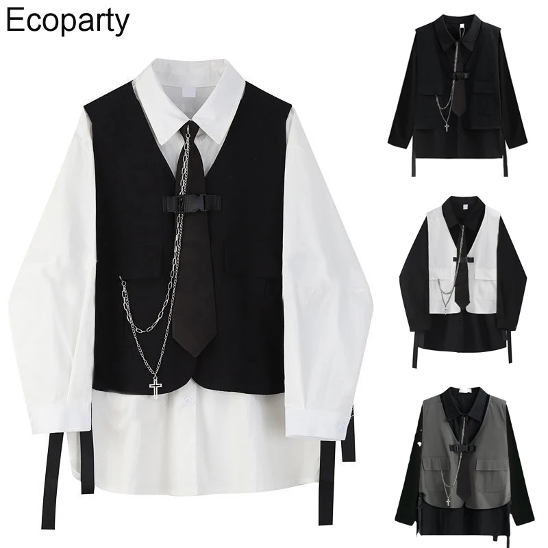 

2022 Korean Fashion 2pcs Tooling Vest Long Sleeve Shirt Suit Man Women Spring Autumn Harajuku Leisure Loose Tops Streetwear