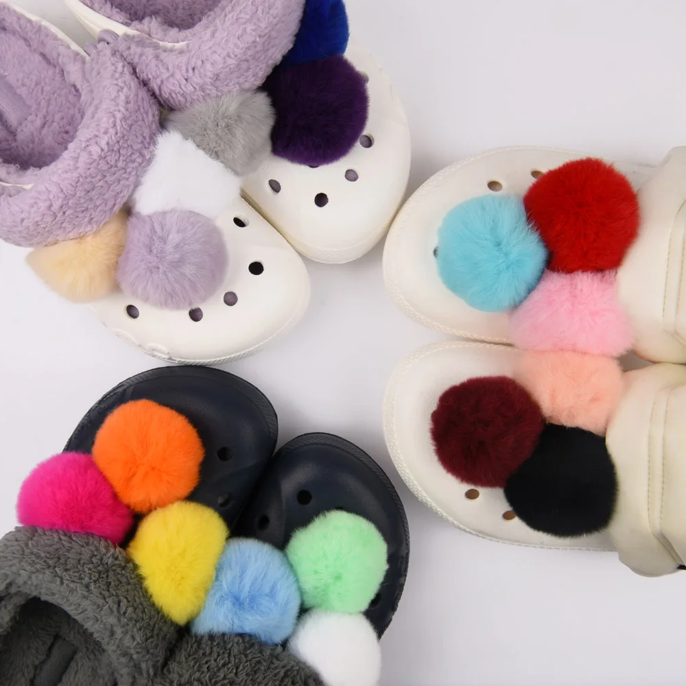 Single Sale Real Fur Pompom Fluffy Croc Charms Multi-color Plush