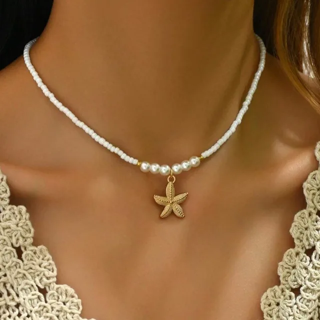 Collier bohème avec pendentif étoile de mer pour femmes, perles de riz, fait à la main, Imitation de perles colorées, ras du cou, bijoux de plage d'été 1