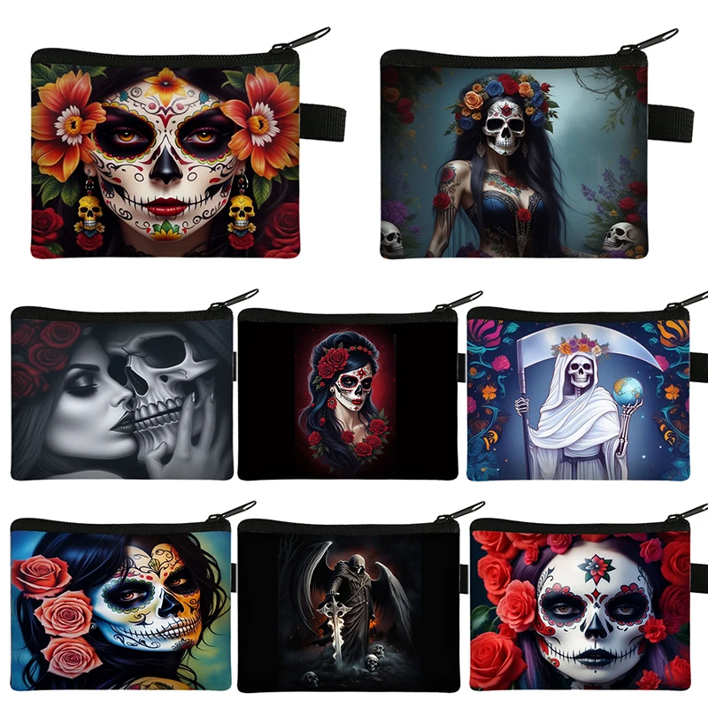 

Mexico Skull Pattern Coin Purse Flower Holy Death Wallets Credit Card Money Bag Santa Muerte Mini Pouch Small Storage Bags Gift