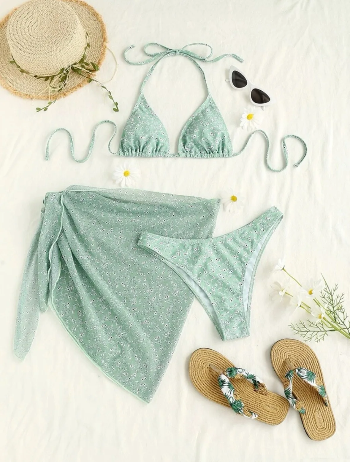 

Комплект бикини женский с цветочным принтом, пикантный Комплект из трех предметов с сетчатой юбкой, халтер, купальник, пляжная одежда