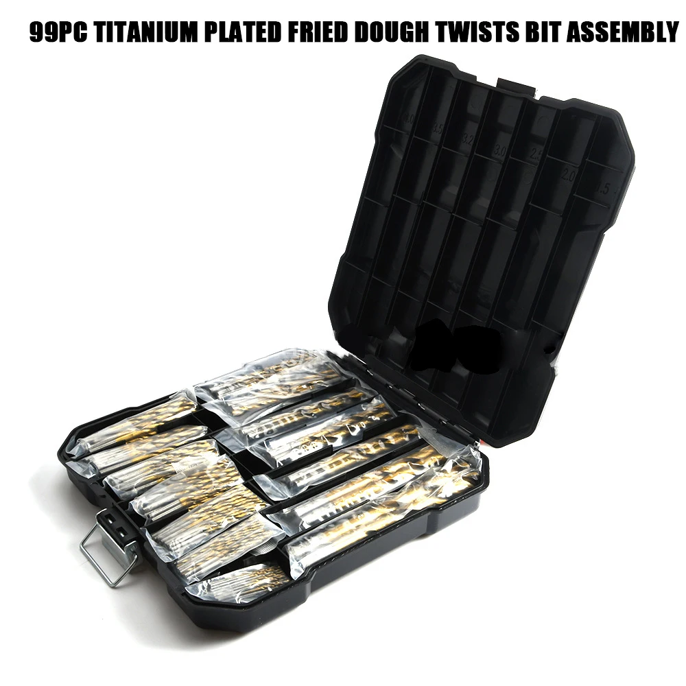 

99pcs Titanium Plated Twist Drill Bit Set Woodworking Tools High Speed Steel Round Straight Shank Bits 1.5-10mm Carpentry Tool
