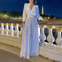 2024 Autumn Evening Party Jumpsuit Women Long Sleeve Solid Sequin V-Neck High Waist Fashion Leg Pants Elegant Chic Spring Shirt - Image 2