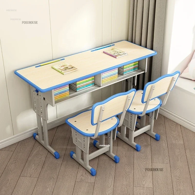 Children Tables Chairs School Remedial Class Desks Home Children Study Table with Bookshelf Double Student Writing Desk Set