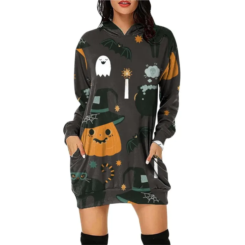 

Autumn And Winter Halloween Printed Hoodie With Digital Hooded Long Sleeved Women's Dress Casual Loose Sweatshirt Dresses Femme