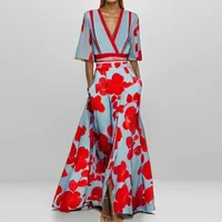 Spring Summer Women Fashion V Neck Belted Party Long Dress Sexy Printing  Boho Maxi Dresses Short Sleeve Pocket Femlae Holiday 1