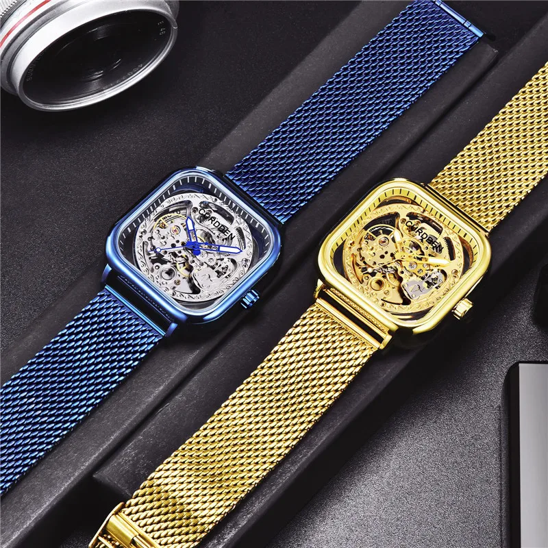 Original CURDDEN Brand Watches For Men Fashion Stainless Steel Band Luxury Golden Skeleton Vintage Automatic Mechanical Watch