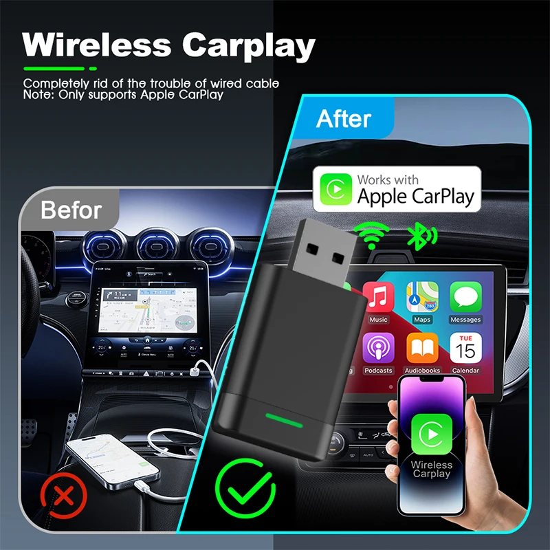 Carplay Android Auto Wireless Adapter for Toyota Mazda Nissan Camry Suzuki Subaru Citroen Audi Mercedes Kia Ford Opel Spotify BT