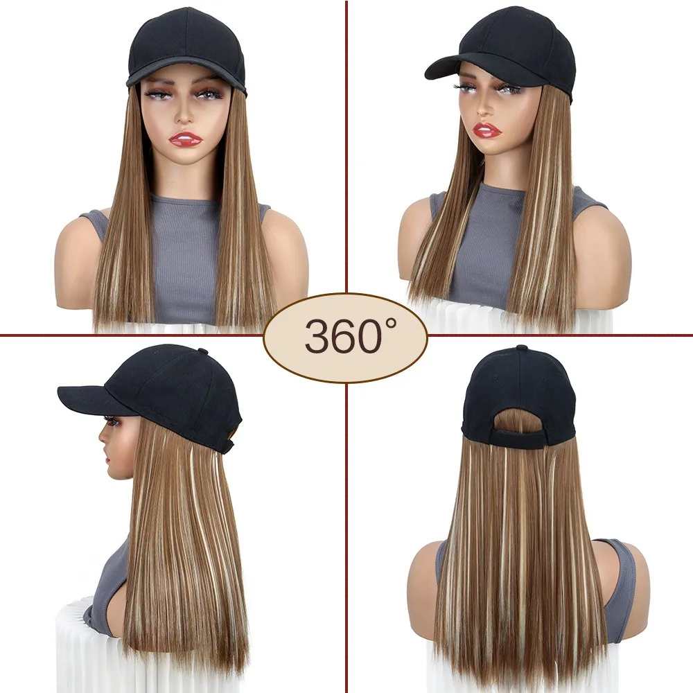 18Inch Synthetic Baseball Cap Wig With Black Hat Long Straight Hair Wigs for Women Connect One Piece  Adjustable