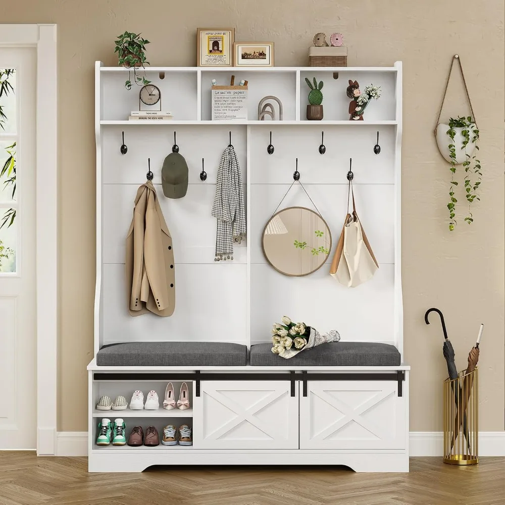 Hall Tree with Bench and Shoe Storage, Entryway Bench with Coat Rack, Modern Farm House Barn Door 3-in-1 Hall Tree, Shoe Rack 6