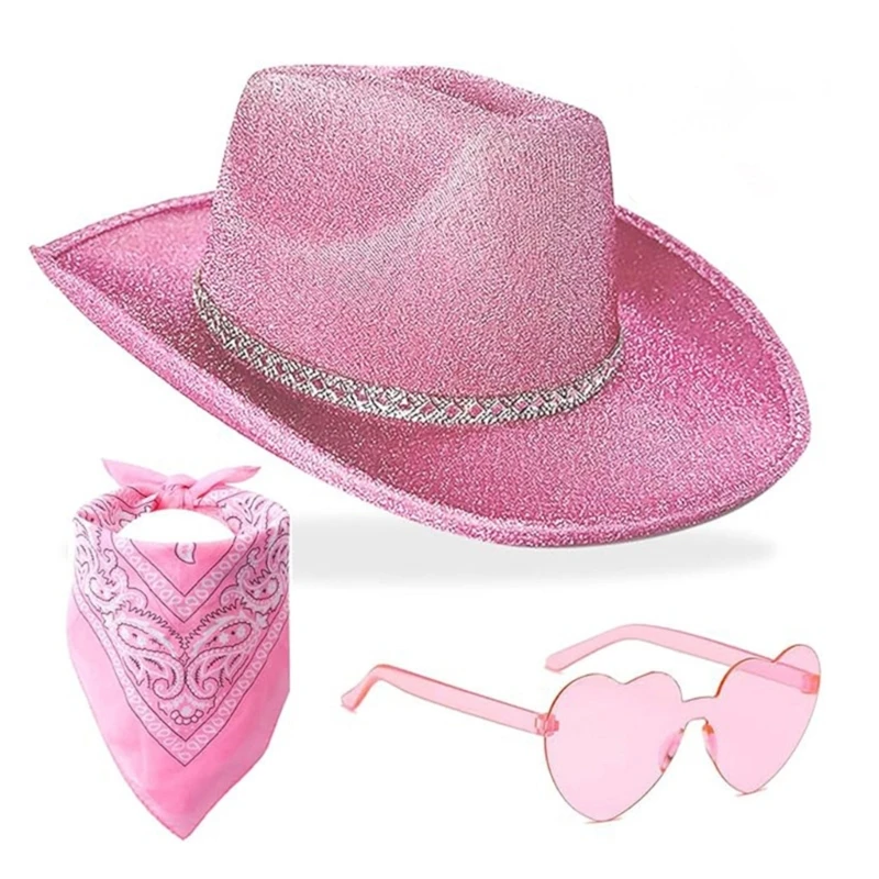 Glittering Cowboy Hat Bandana Sunglasses Costume for Women Men Musical Festival Dress Up Bachelorette Party Props
