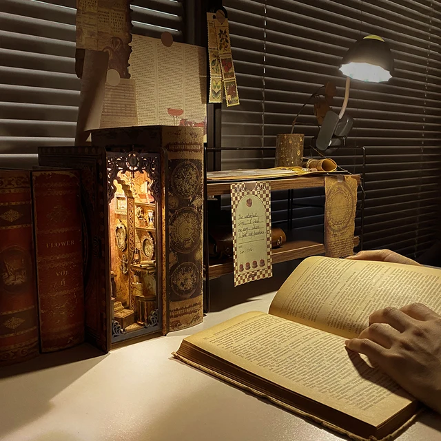 CUTEBEE DIY Book Nook Kit Miniature Dollhouse Eternal Bookstore Bookend Wooden Book Shelf Insert Lighting Model Toy For Kid Gift 6